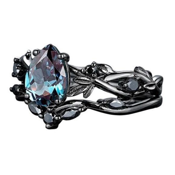 Pear Cut Alexandrite & Moissanite 2 piece Bridal Wedding engagement ring Rhodium - Picture 4 of 8